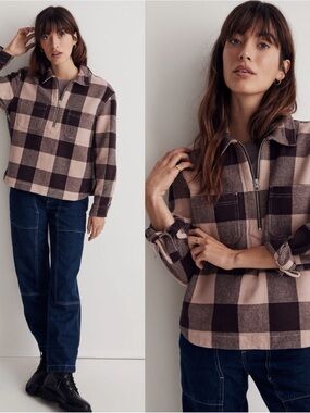 Madewell Waffle Half Zip Popover Warm Sandstone Plaid Shirt Size L